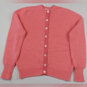 Vintage 60s 70s Ladybug Cardigan Sweater Girls Pink Button Up 100% Virgin Wool